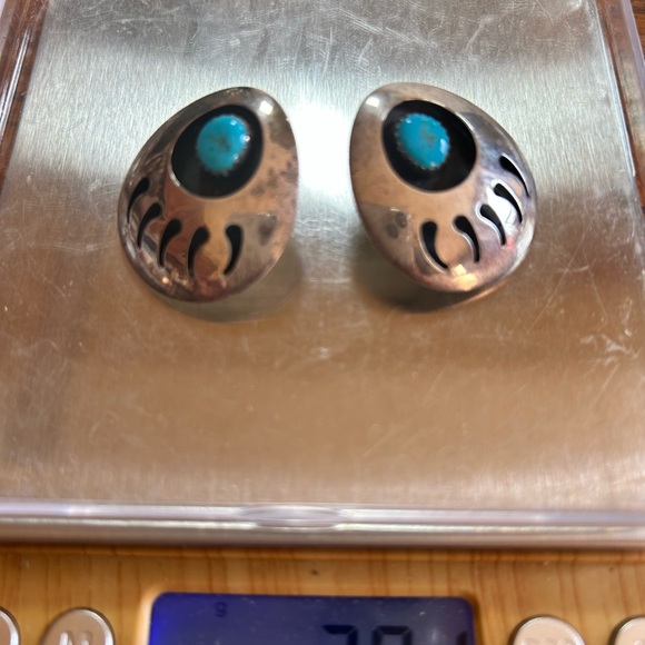 Native Large Turquoise Bear Paw Shadow Box Sterling Silver 925 Cuff Earrings Set - Picture 14 of 15